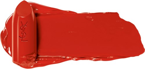 Ein roter Lippenstift ist sichtbar, mit der Farbe verstreicht auf einer Oberfläche.