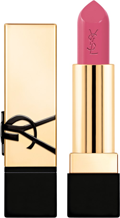 Kultainen ja musta huulikotelo ja vaaleanpunainen huulipuna Yves Saint Laurent -logolla.