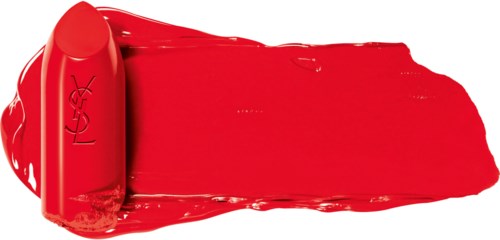 Ein roter Lippenstift ist auf Weiß vermalt, mit einer Lippenstift auf der linken Seite.
