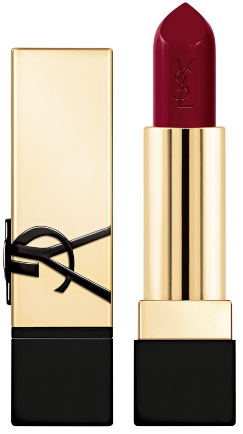 Ett rött läppstift med ett guld- och svart fodral, står uppåt, med ett YSL-logo på läppstiftet.