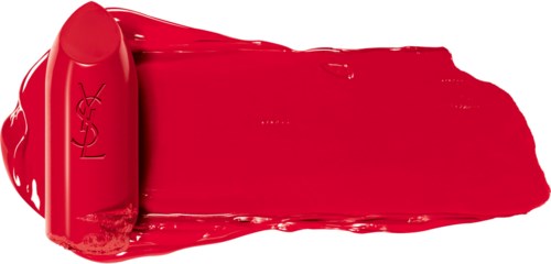 Een rood lippenstiftmonster met YSL-logo aan de zijkant.