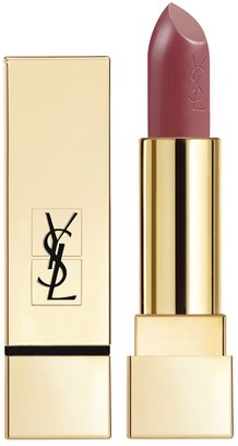 Ett YSL-läppstift i ett guldfodral med en beige ask, visar den ljus rosa-bruna läppstiftet.