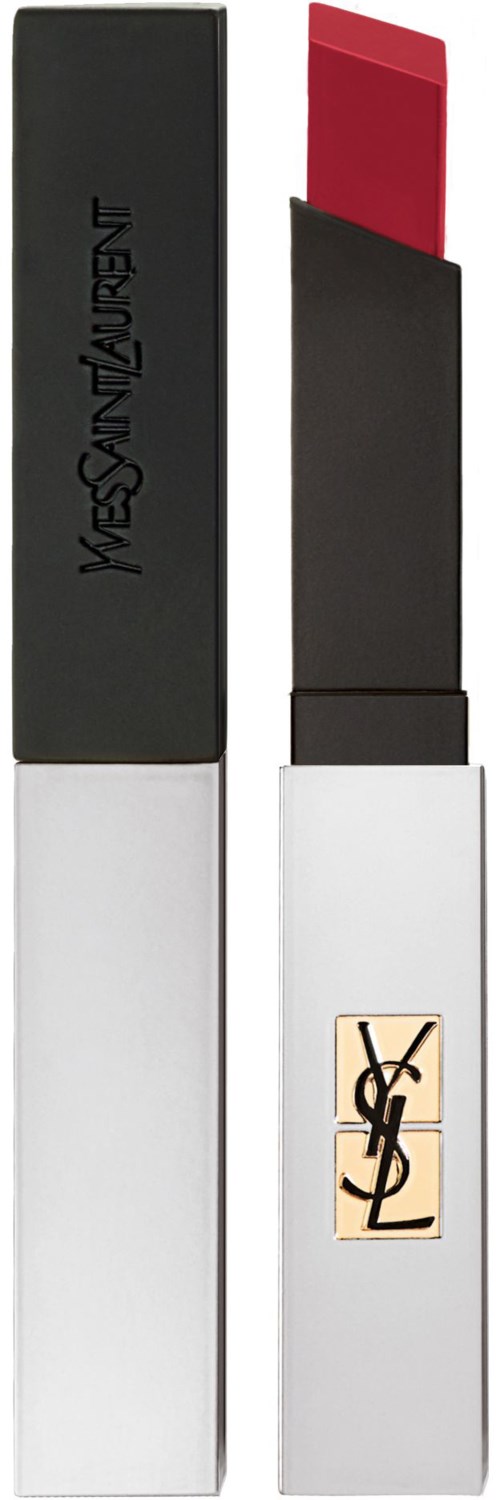 Ett YSL läppstift med svart, vitt och guldförpackning, visar läppstiftet i rött.