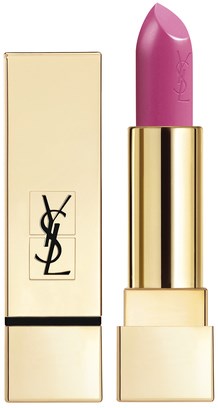 Ett rosa läppstift i ett guldigt rör med en svart och beige låda med YSL-logotyp.