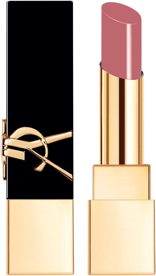 A pink lipstick in a gold case next to a black and gold Yves Saint Laurent logo.