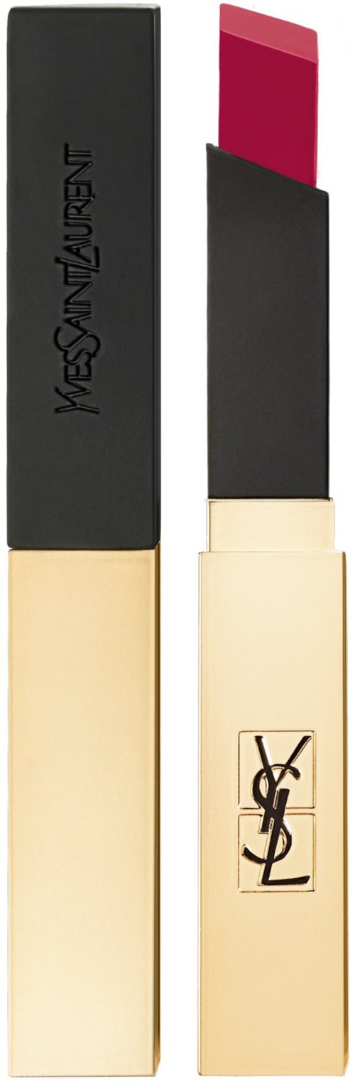 Een lippenstift met zwart en goud doos en heldere roze kleur.