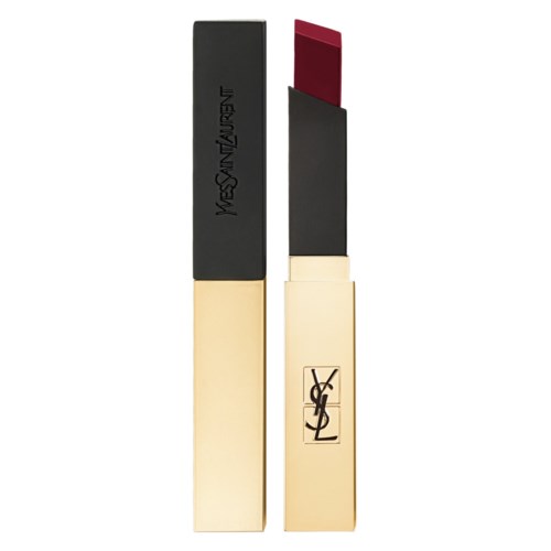 Yves Saint Laurent lippenstift met zwart en goud verpakking, opengevouwen toont donkere rode lipstick.