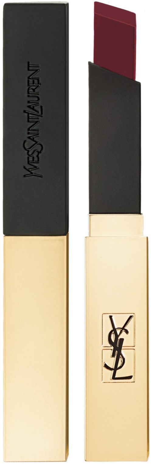 Lippenstift met een zwart en goudgekleurd omhulsel, donkerrode kleur, met een merklogo op de voorkant.