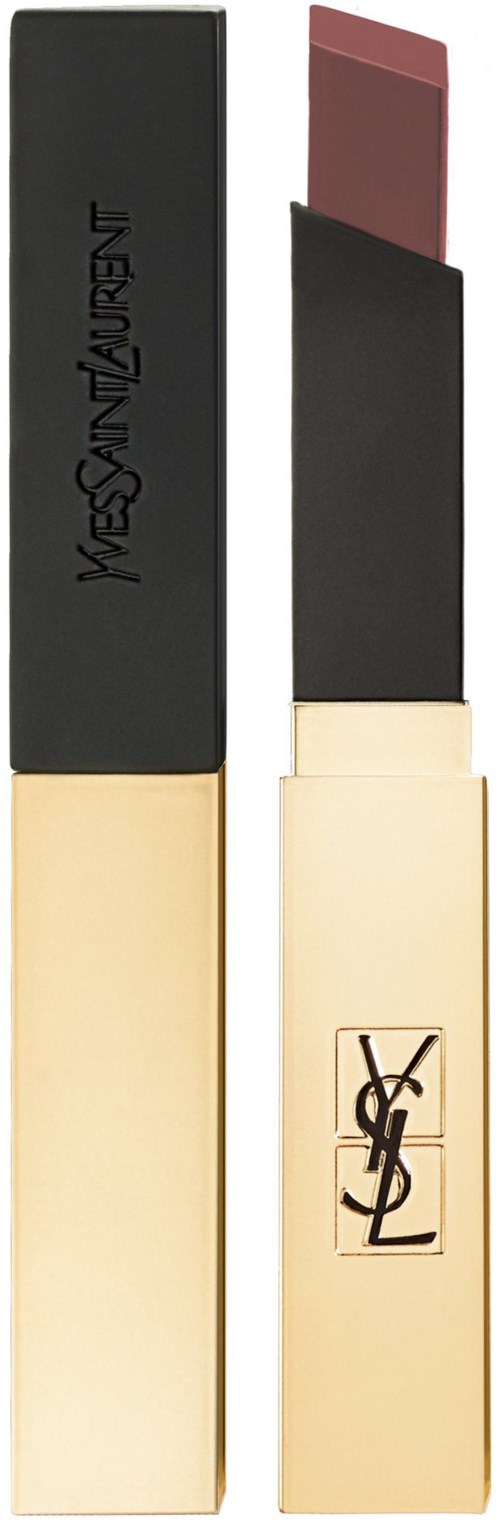 Een YSL-lippenstift met gouden basis, zwart deksel en donkerrode lipstick.