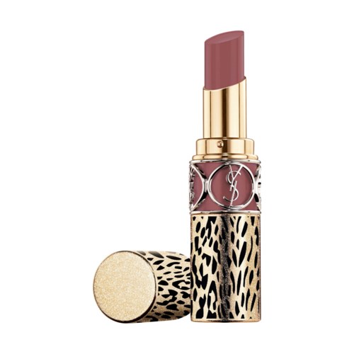Lipstick with a leopard print design and a gold band, with the cap removed to show the mauve-colored lipstick.