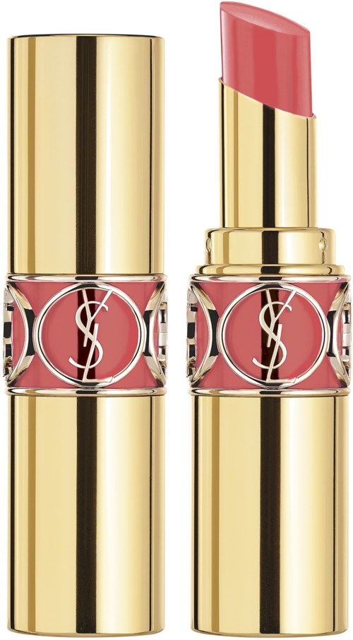 En guldfärgad och rosa läppstift med YSL-logga, ett stängt och ett med avtagit lock, visar läppstiftet.