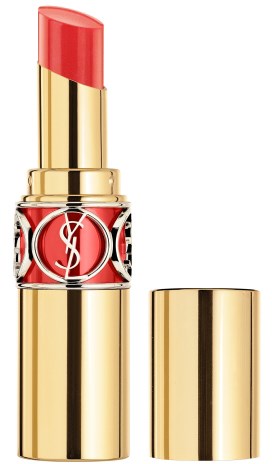 Ett läppstift med röd färg, guldfodral och YSL-logga på bandet.