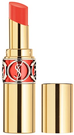 Rode lippenstift met gouden00huls en zwart YSL-logo, zonder dop, toont de lippenstift.