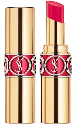 Lipstick met een gouden huls en blootliggende roze lipstick. De dop is eraf, klaar voor gebruik.