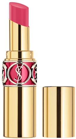Een roze lippenstift in een goudkleurige en zwarte houder, zonder dop.