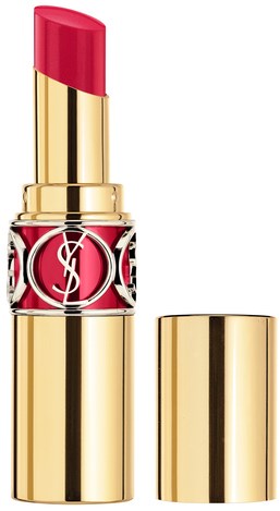 Lippenstift met een gouden huls en een roze-rode kleur.
