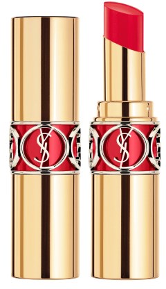 Gouden en zwarte lipstickhuls met een rode lipstick die zichtbaar is.