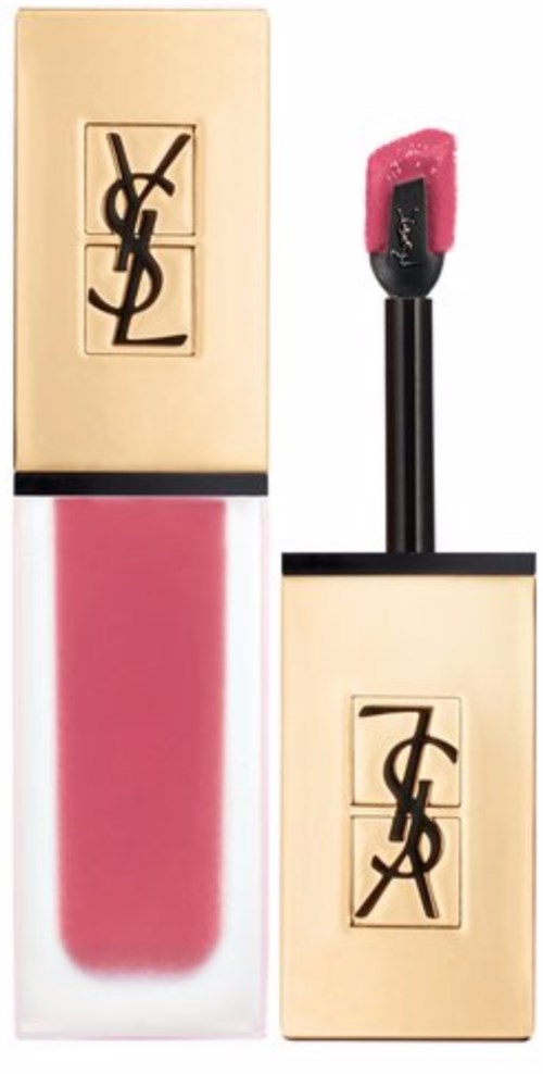 Lip gloss tube with a pink color and a black cap, featuring the YSL logo on the packaging.