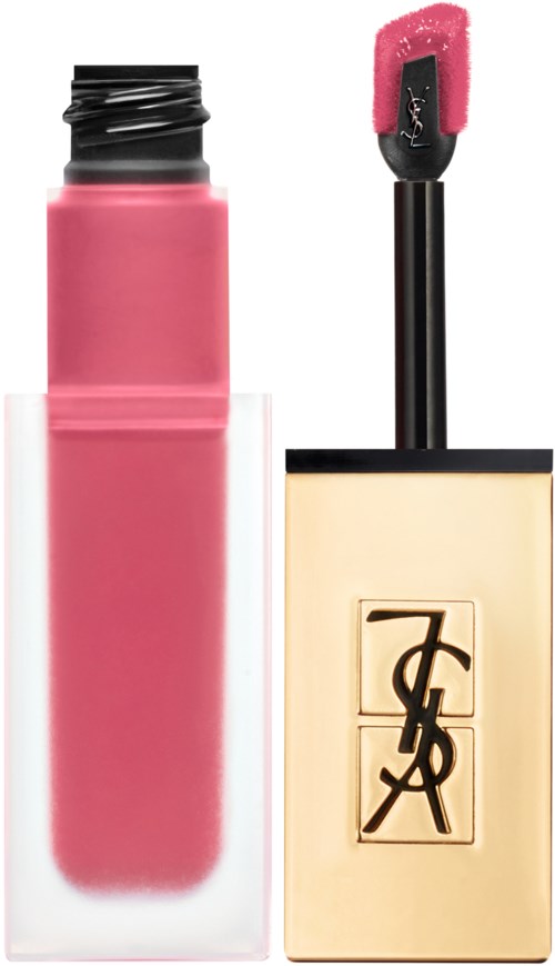 A pink lip gloss with a black cap and a soft applicator wand, featuring a YSL logo on the packaging.