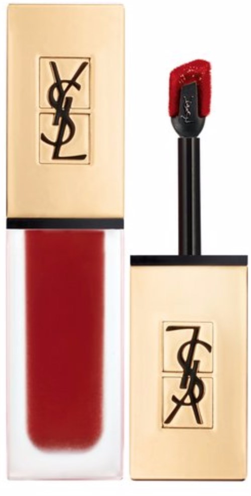 A lipstick tube with YSL logo, showing red lipstick and its cap with a pump applicator.