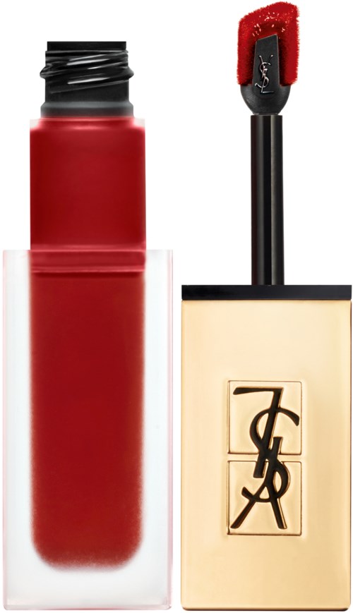A lipstick tube and a lip gloss with brush are shown, both in red color from Yves Saint Laurent.