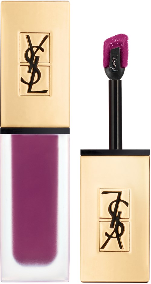 A YSL lipstick with a purple lipstick swatch and a beige case. The lipstick has a pink applicator.