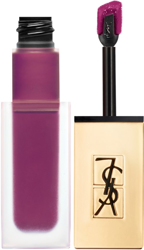 A YSL liquid lipstick with a purple shade and a pink applicator brush. The bottle is in a rectangular shape with a gold cap.