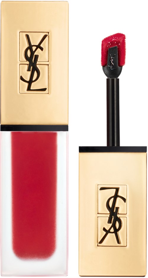 This is a lipstick with a YSL logo, showing red lipstick inside a gold and clear container.