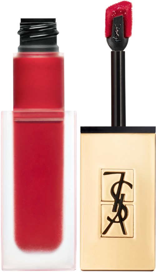 Red liquid lipstick in a tube with a black cap and matching applicator. The brand logo is on a beige container.