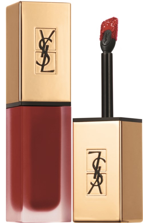 A YSL lipstick with a red color, gold packaging, and the YSL logo on the case.