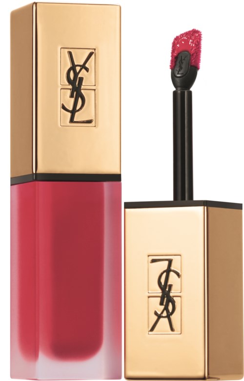 A lipstick and a lip gloss with gold packaging featuring the YSL logo.