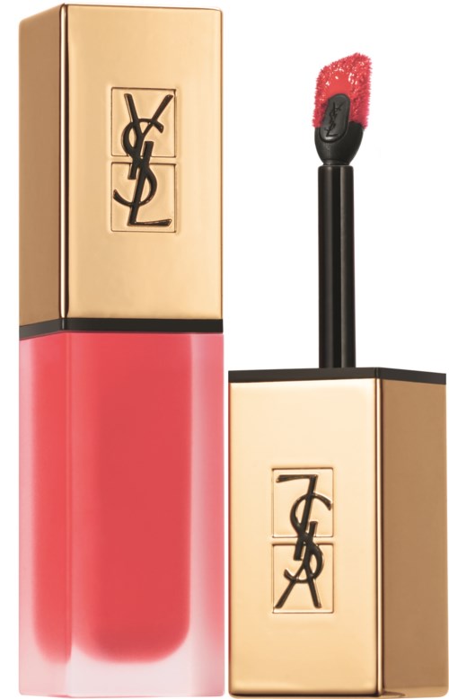 A lip gloss bottle with a gold cap and pink gloss, and a wand applicator against a white background.