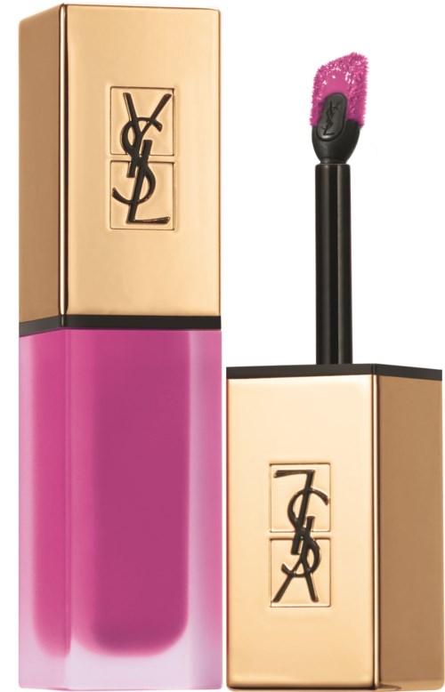 A lipstick with a gold and pink cover, showing the YSL logo, with the lipstick's applicator out and pink gloss on it.