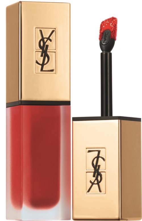 A lip gloss container with the YSL logo, featuring a gold top, red gloss, and black wand.
