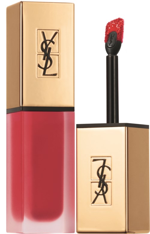 A YSL lipstick tube with a red lip gloss and a gold cap.