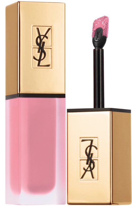 A YSL lipstick with pink gloss and gold and black packaging.