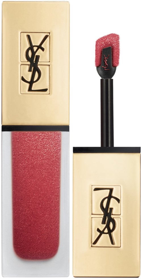 A YSL logo lipstick with a pink sponge applicator, gold case, and a red lipstick inside.