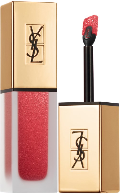 Lip gloss with gold and black packaging,Yves Saint Laurent logo, pink gloss inside.