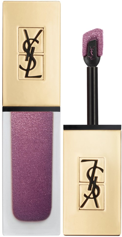 A YSL lip gloss with a purple sparkly applicator and gold packaging featuring the logo.