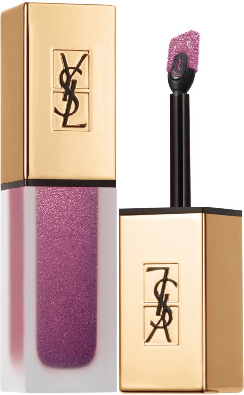Lip gloss with pink glitter inside a gold YSL case, with the applicator shown. The box is gold with YSL logo.