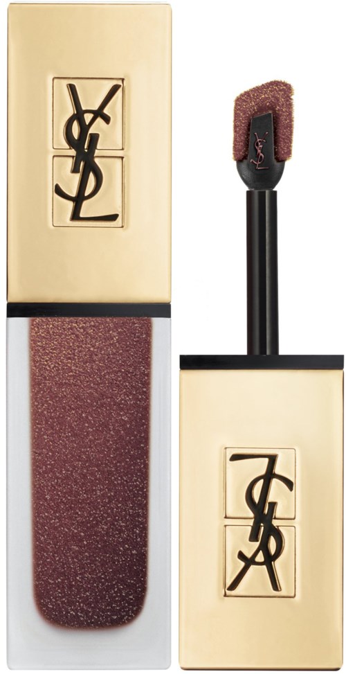 YSL logo lipstick with a beige and gold case, and a lipstick wand with a glittery top.