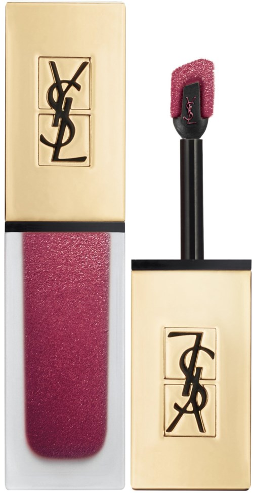 A YSL lipstick with a pink sponge applicator and a cream-colored cap with black logo. The logo says YSL.