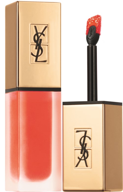 A YSL liquid lipstick with gold packaging and red glossy lipstick inside.