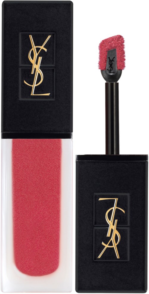 Yves Saint Laurent logo, pink lip gloss with wand applicator, black packaging.