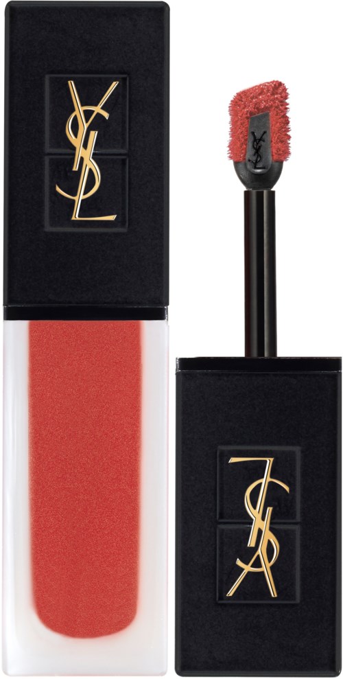 A YSL lipstick with a sponge tip, shown in a box with the Yves Saint Laurent logo.