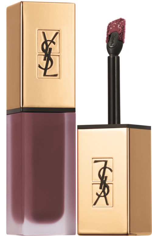 A liquid lipstick with a gold and pink case, the YSL logo on the cover, a wand with pink product.