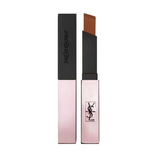 A lipstick with black and pink packaging, YSL logo, and chocolate-colored lipstick inside.