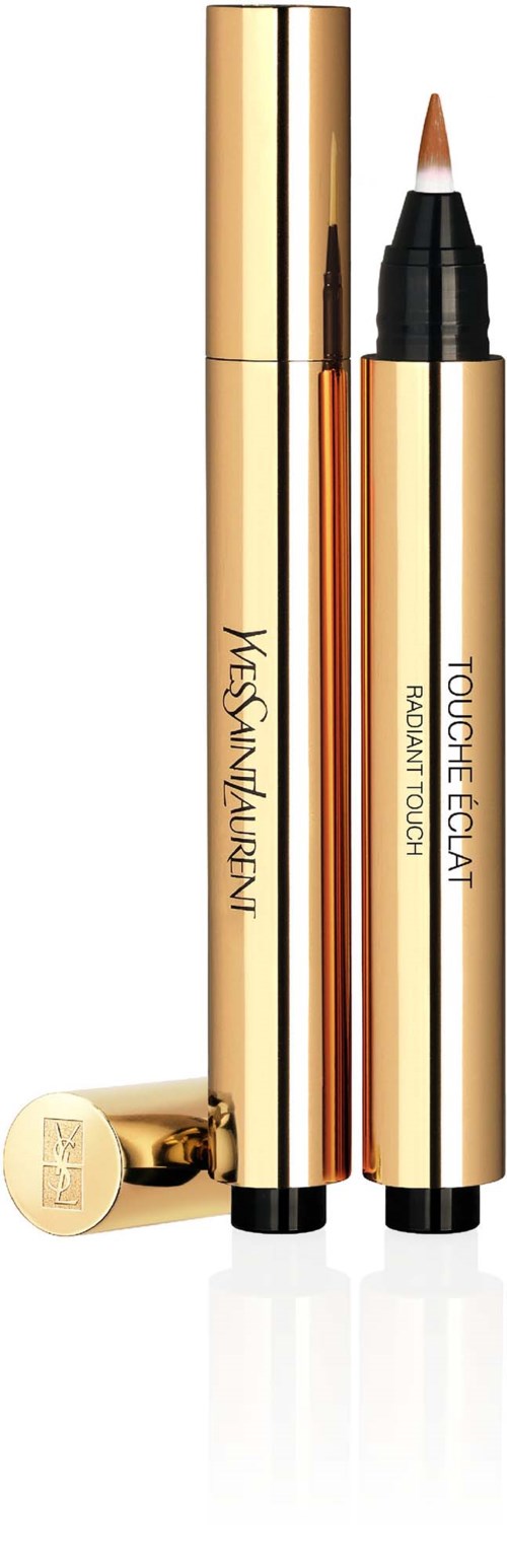 Two tubes of makeup with gold caps, one with a brush tip and one with a fine tip, labeled Yves Saint Laurent and Touché Eclat.