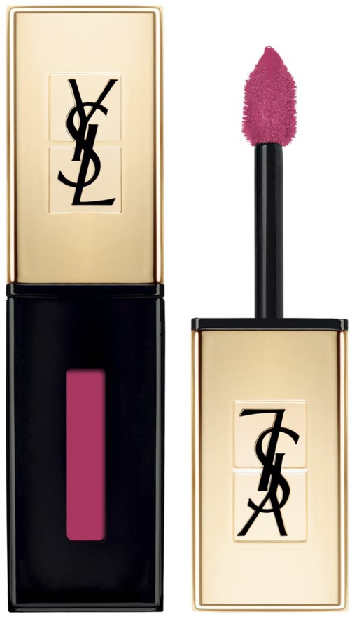 En läppstift med guld- och svart förpackning, rosa färg, och en matchande rosa applikator.