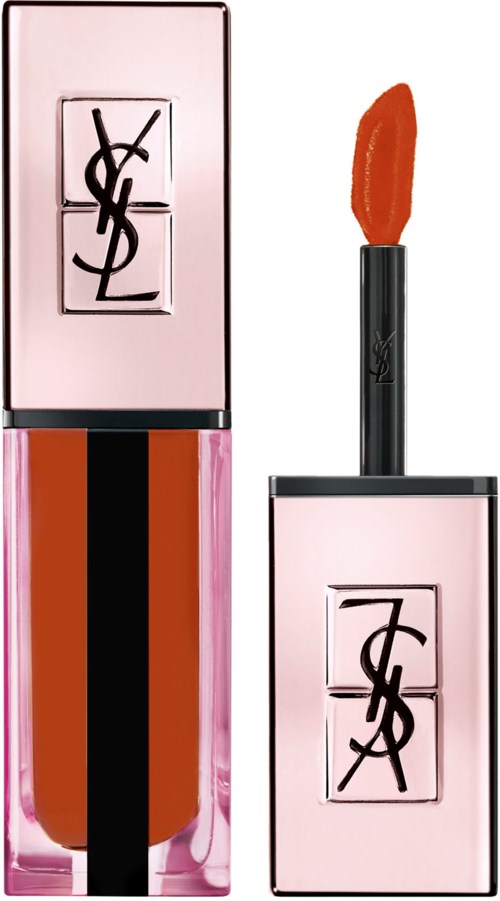 A lipstick with a YSL logo on the cap and a red lipstick inside.